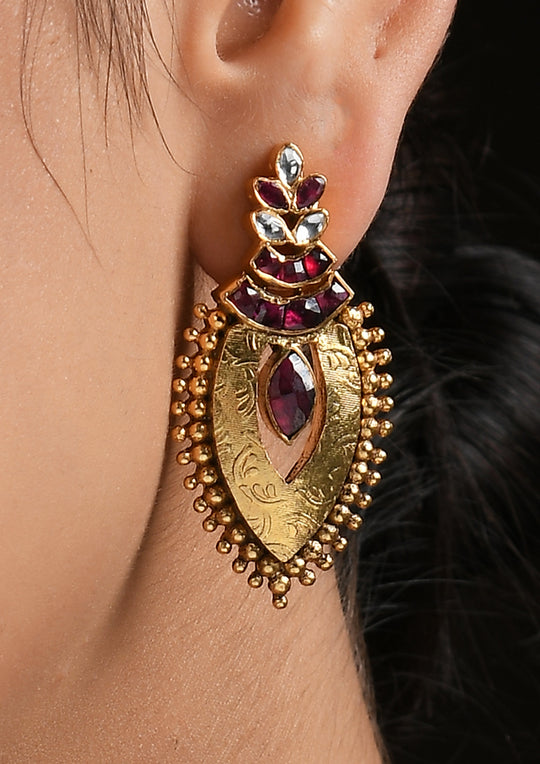 Gold Plated Tribal Red And White Oblong Earrings