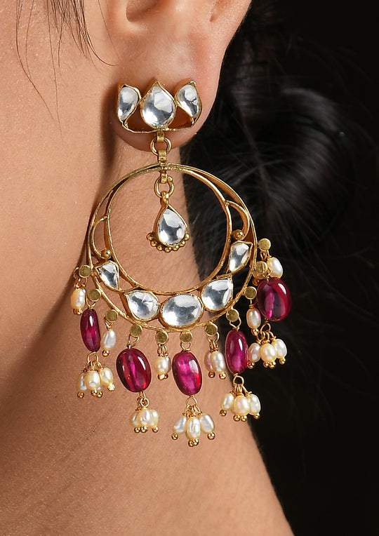 Navmi Lotus Chaandbalis With Polki and Ruby Drops