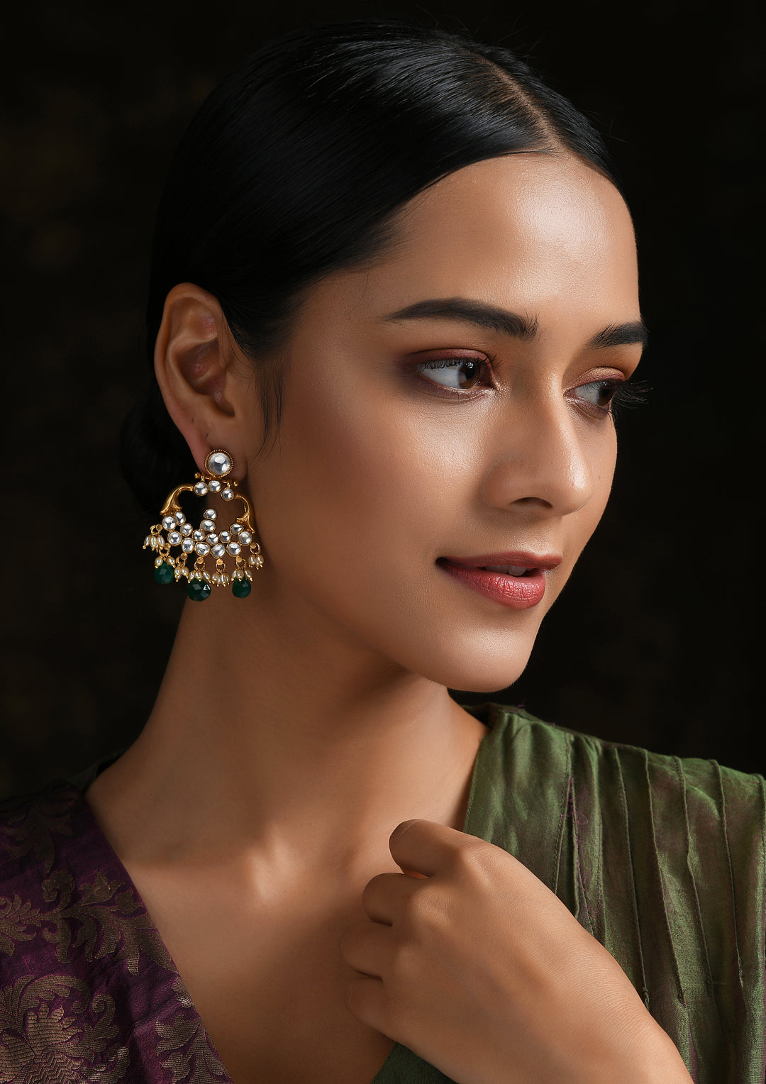 Navmi Golden Pipe Chaandbalis With Green Drops