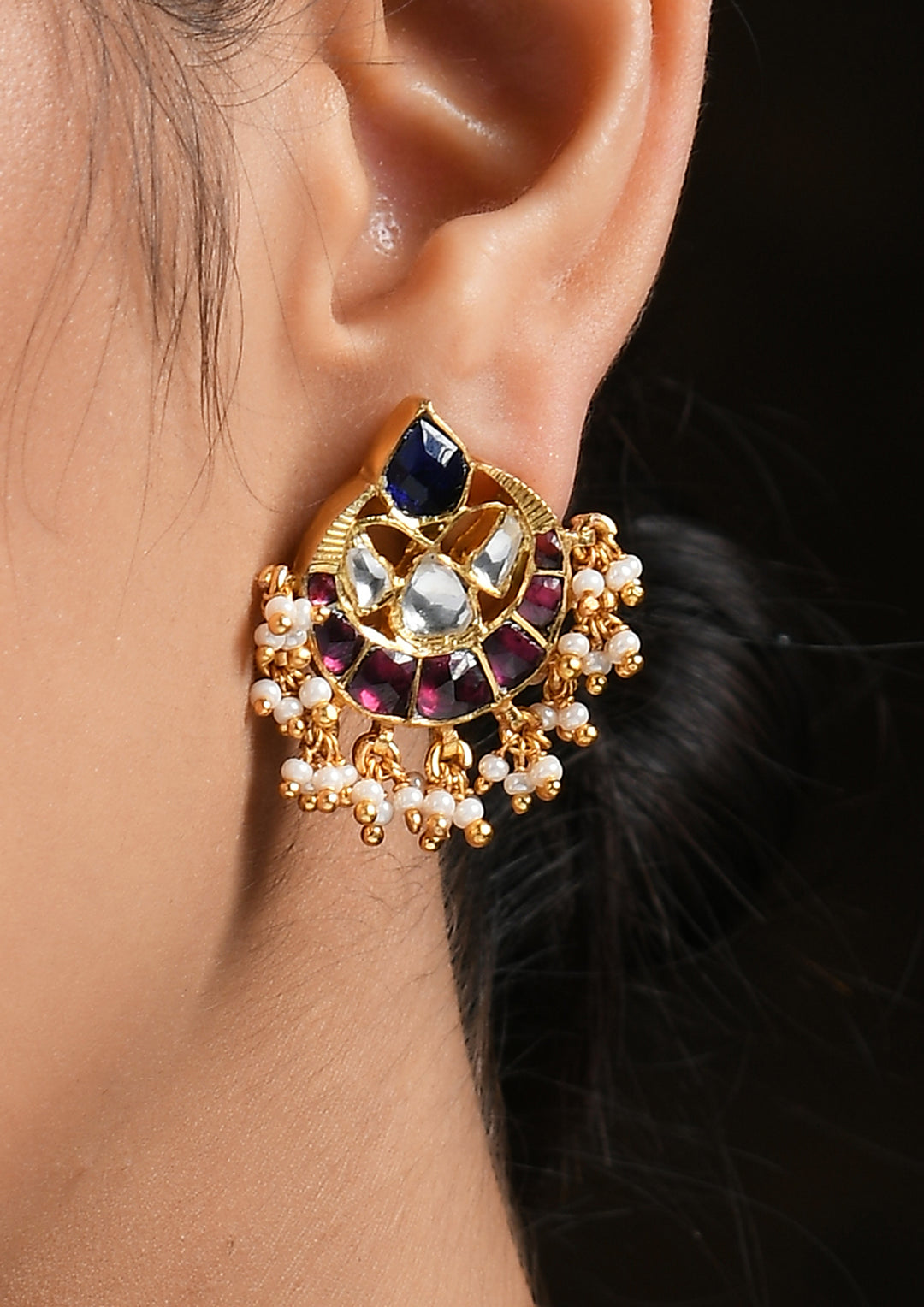 Pink And Blue Teardrops Chaandbalis With Pearls