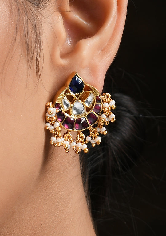 Pink And Blue Teardrops Chaandbalis With Pearls