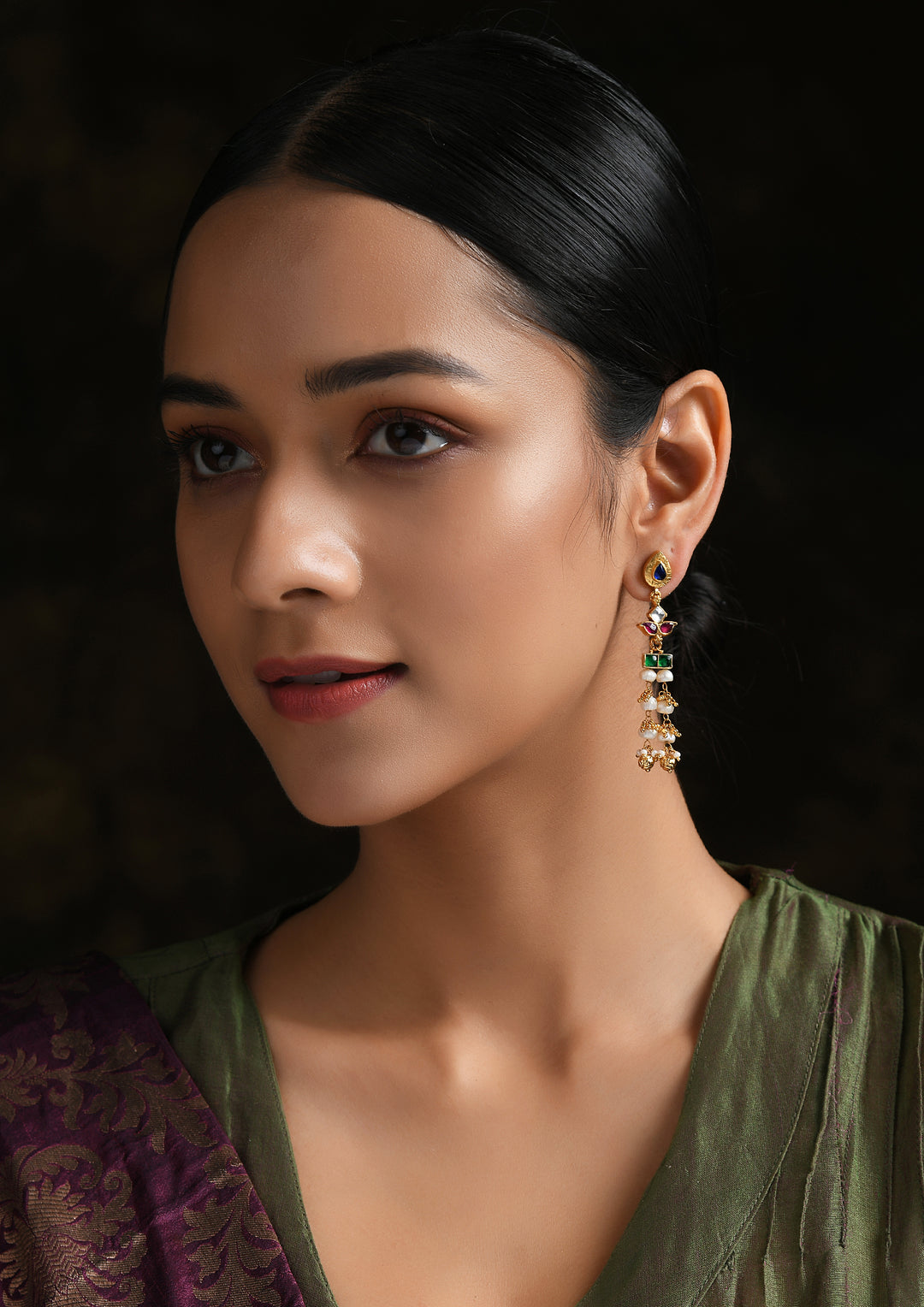 Delicate Multicolored Kundan Earrings With Pearl Drops