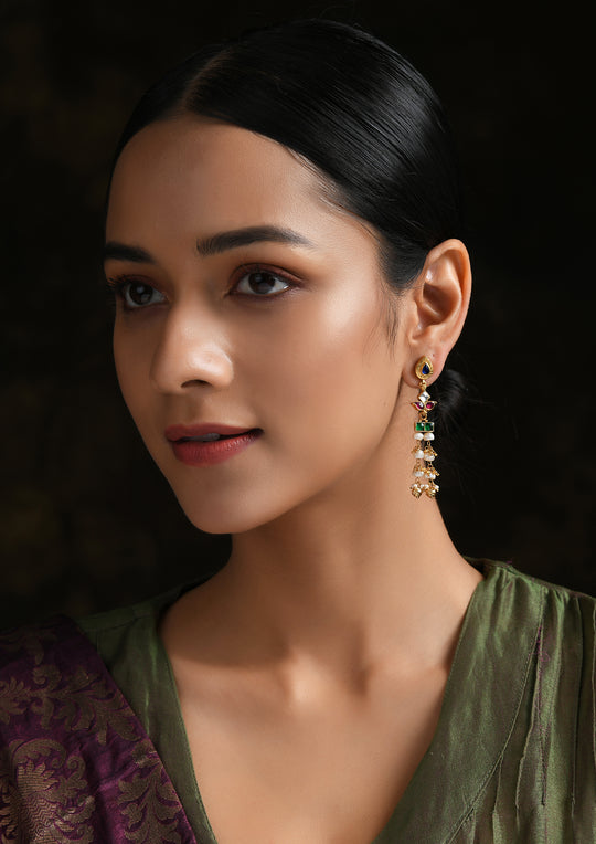 Delicate Multicolored Kundan Earrings With Pearl Drops