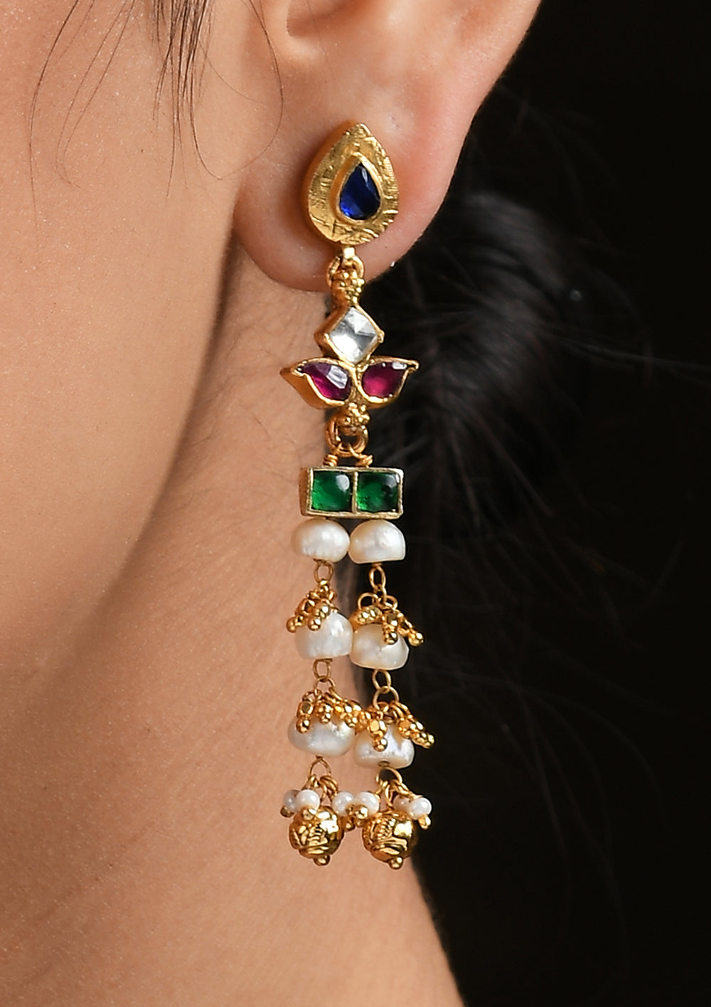 Delicate Multicolored Kundan Earrings With Pearl Drops