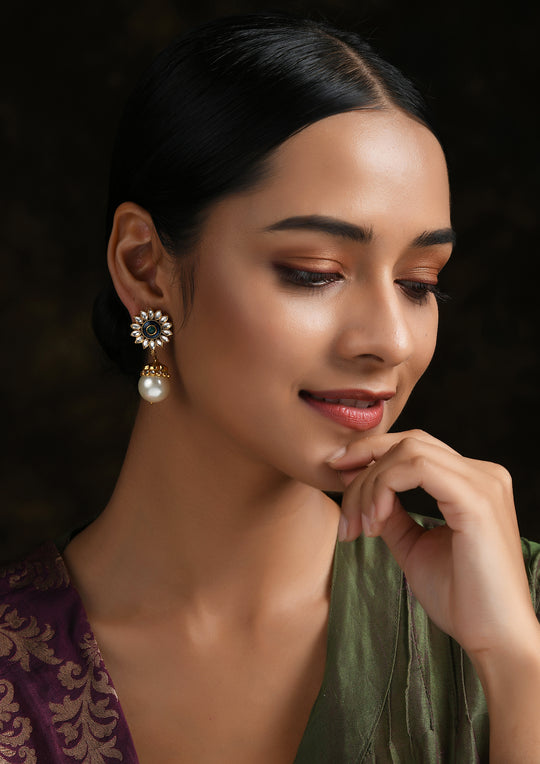 Small Surya Jhumkis With Pearl Drops And Meenakari