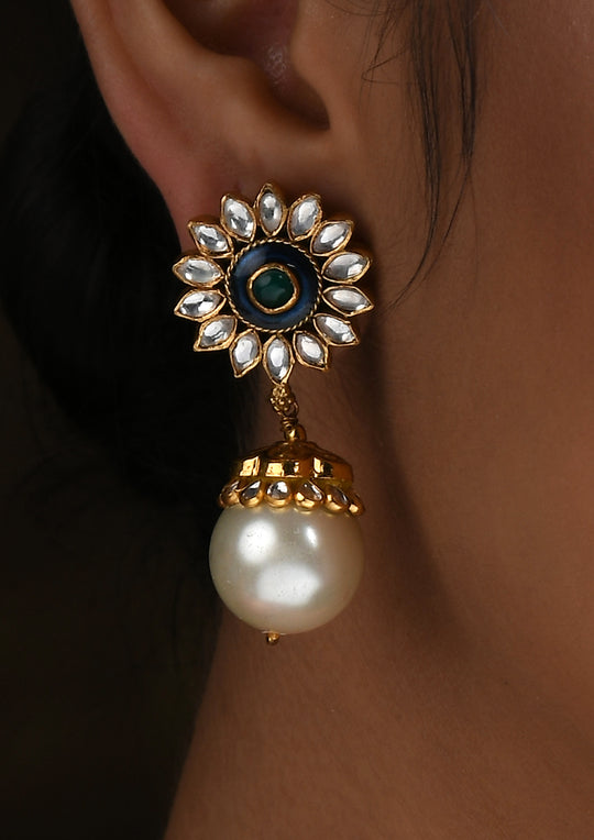 Small Surya Jhumkis With Pearl Drops And Meenakari