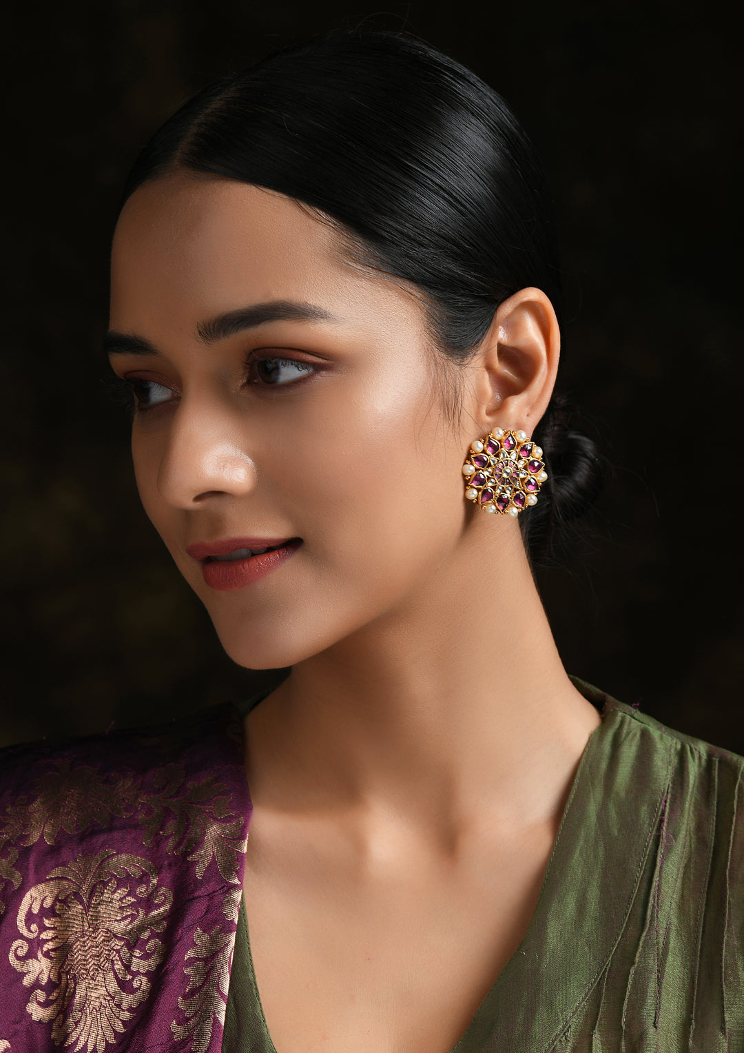Navmi Classic Pink And White Kundan Studs With Pearls