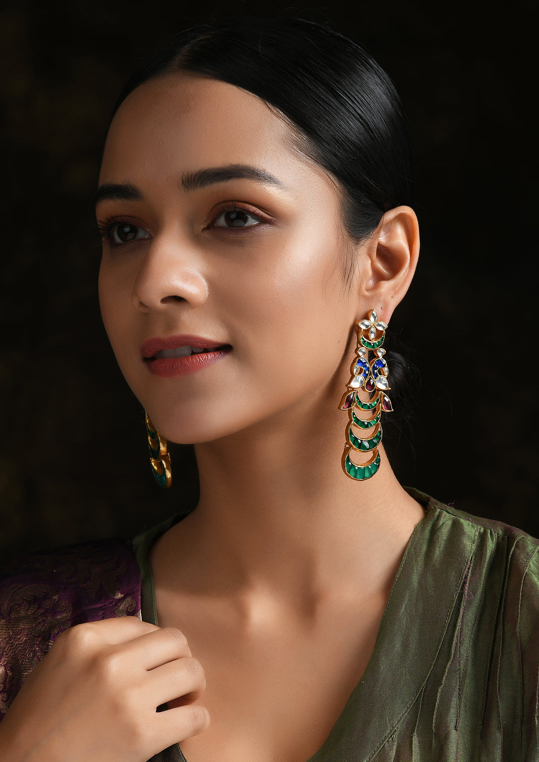Green Tailed Peacock Earrings in Kundan