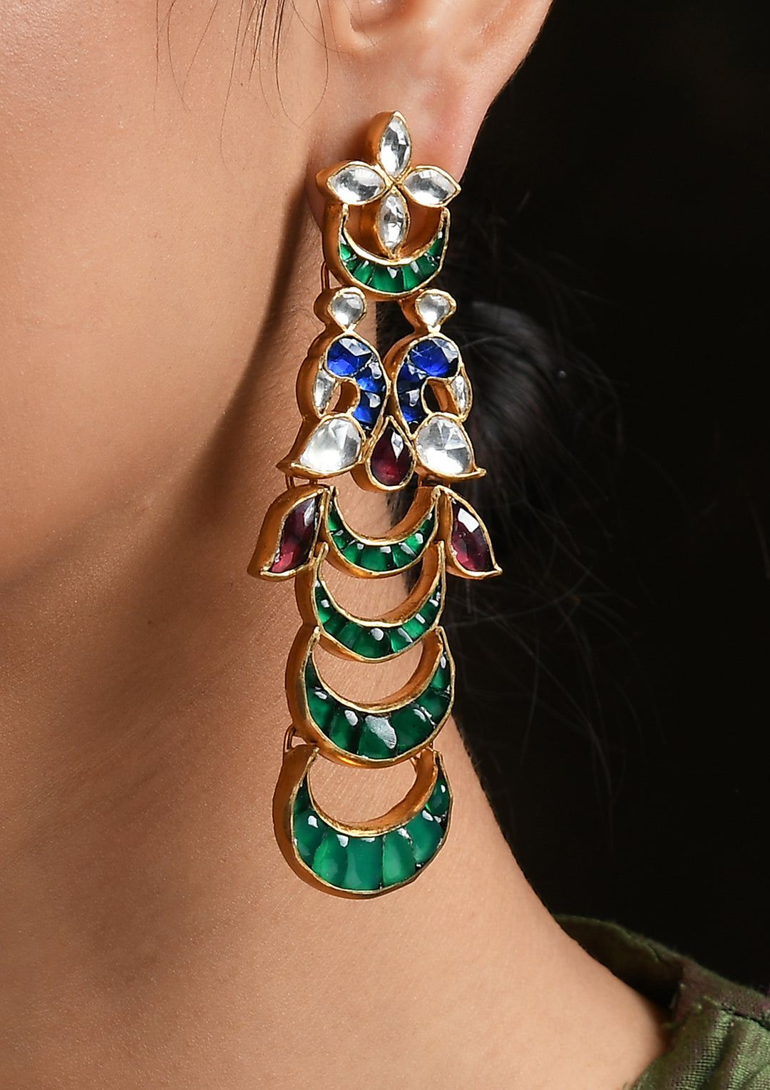 Green Tailed Peacock Earrings in Kundan