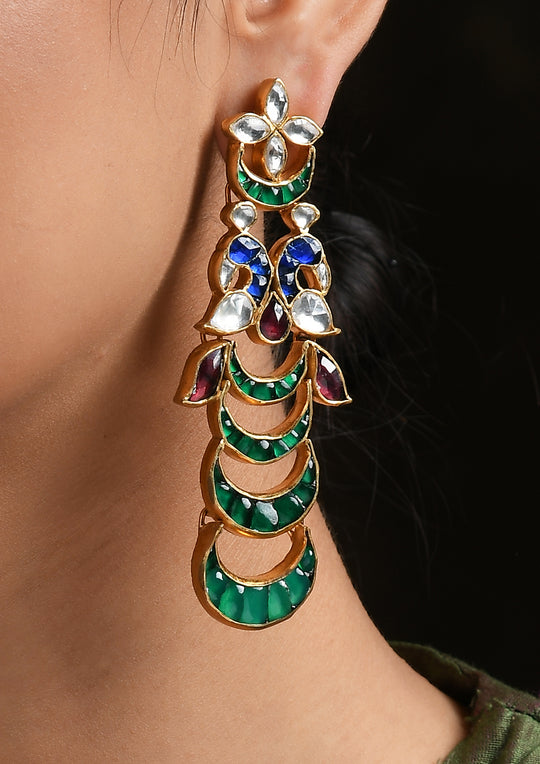 Green Tailed Peacock Earrings in Kundan