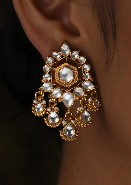 Navmi Monochrome Tribal Studs with Kundan Drops and Gold Plating