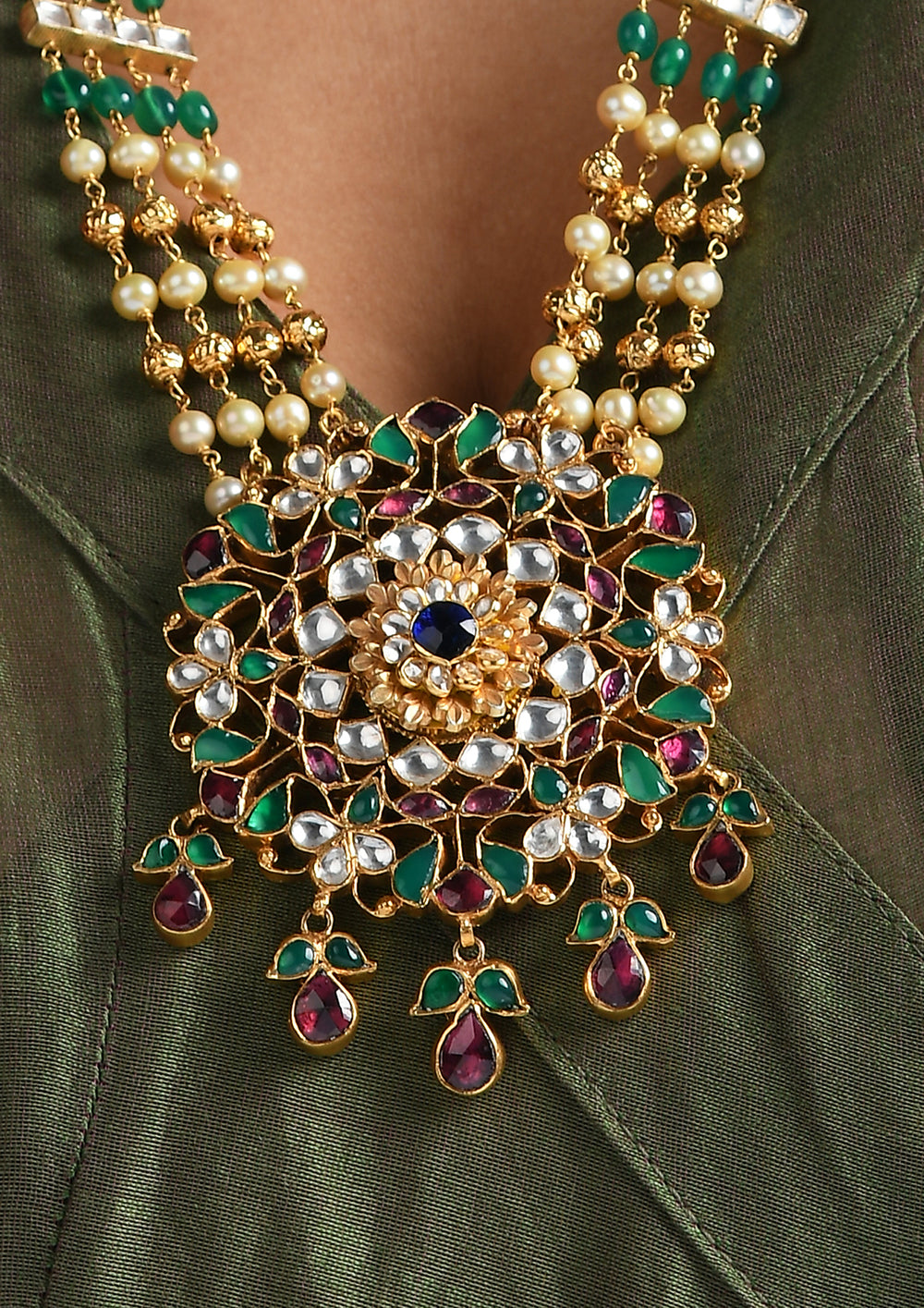 Navmi Long Necklace With Pachikari Multicolored Pendant