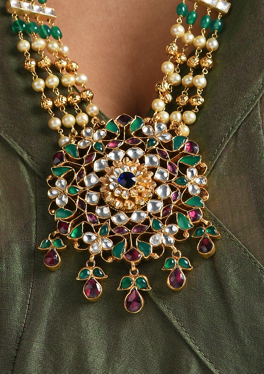 Navmi Long Necklace With Pachikari Multicolored Pendant