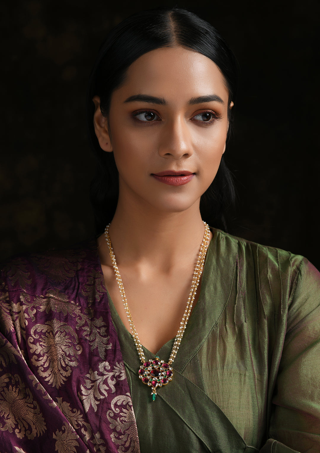 Long Pearl Necklace With A Gold-Plated Tourmaline Flower