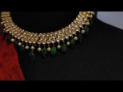 Victorian Style Polki Kundan Necklace With Semi-Emerald Drops