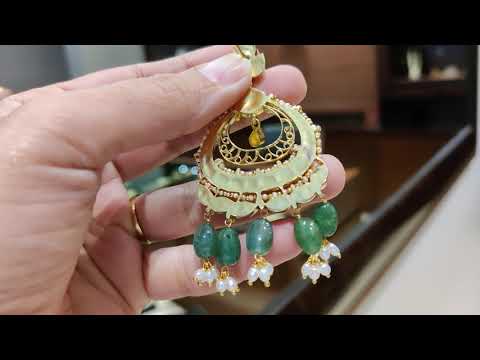 Navmi Oval Chaandbalis With Semi-Emeralds And Gold Polish