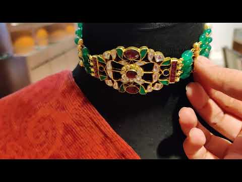Navmi Parrot Green Oblong Kundan Choker With Semi Precious Stones