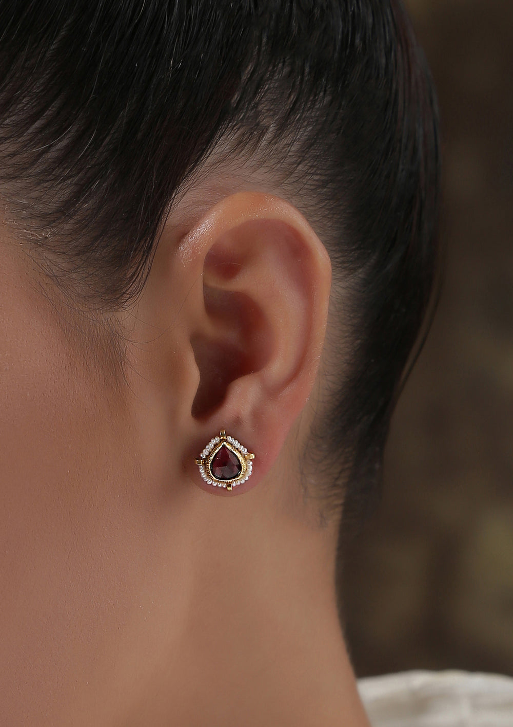Boond Rani-Paan Tourmaline Studs with Pearl Fringe