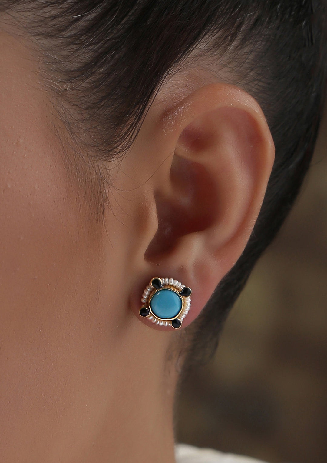 Boond Celtic Firoza Studs with Meenakari and Pearl Fringe