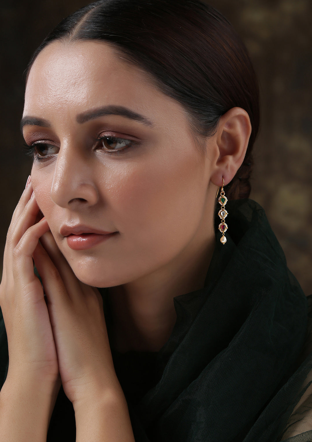 Dopehri Tri-colored Fish-Hook Earrings with Pearl Edging