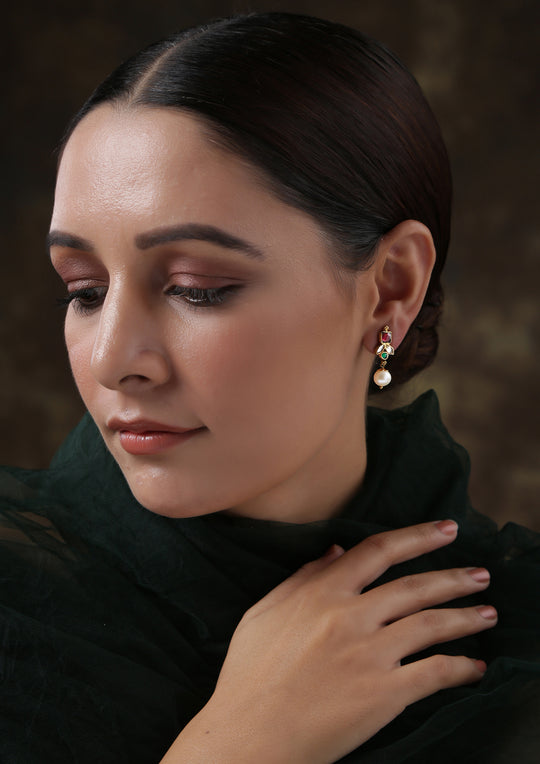 Dopehri Multicolored Reverse Leaf Hanging Studs With Pearl Drops
