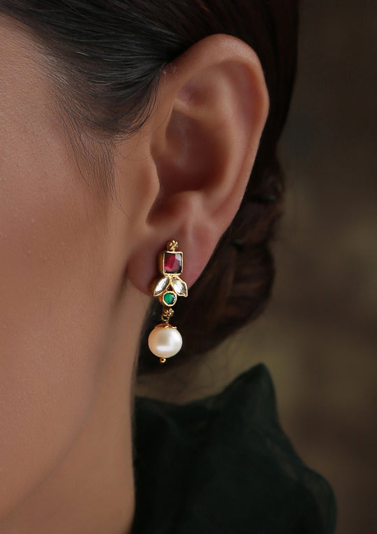 Dopehri Multicolored Reverse Leaf Hanging Studs With Pearl Drops