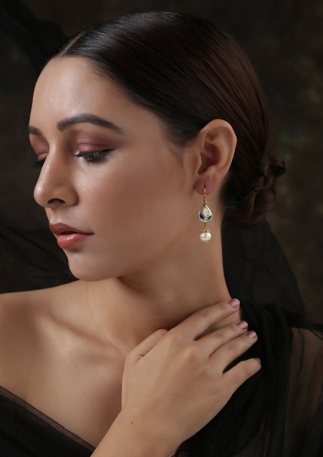 Izra Sterling Silver Meenakari Fish Hook Tear Drops Semi-Moissanite Dangler Earrings