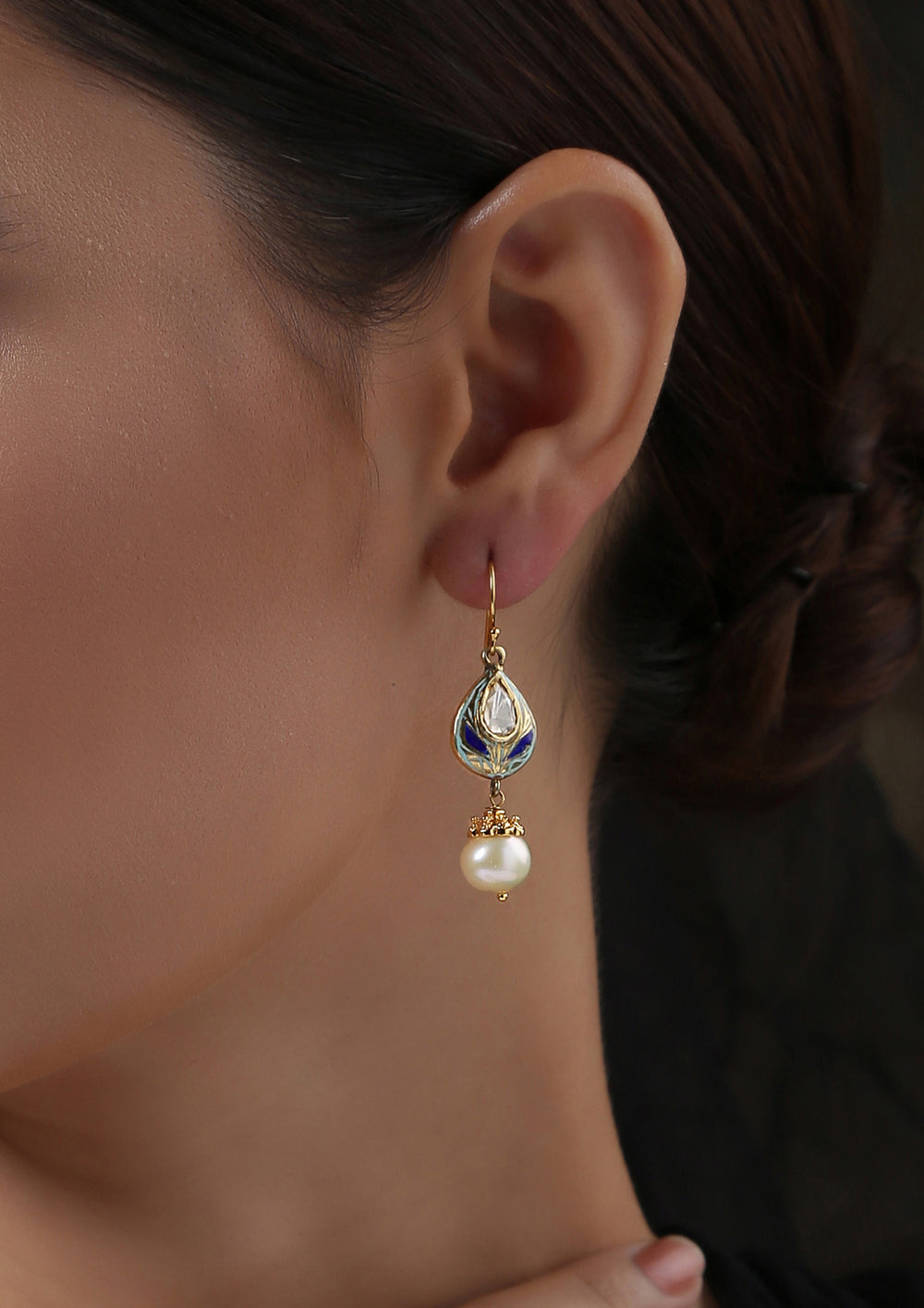 Izra Sterling Silver Meenakari Fish Hook Tear Drops Semi-Moissanite Dangler Earrings