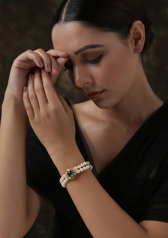 Izra Sterling Silver Onyx Big Pearl Strings Semi-Moissanite Bracelet