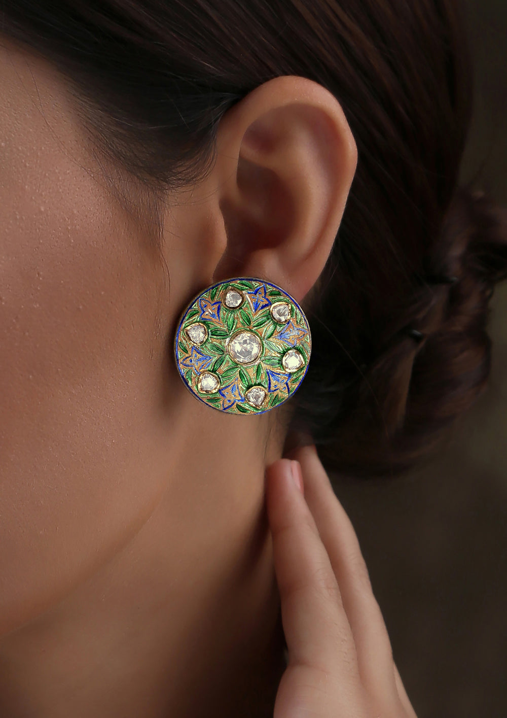 Izra Sterling Silver Semi-Moissanite Blue And Green Meenakari Shield Studs