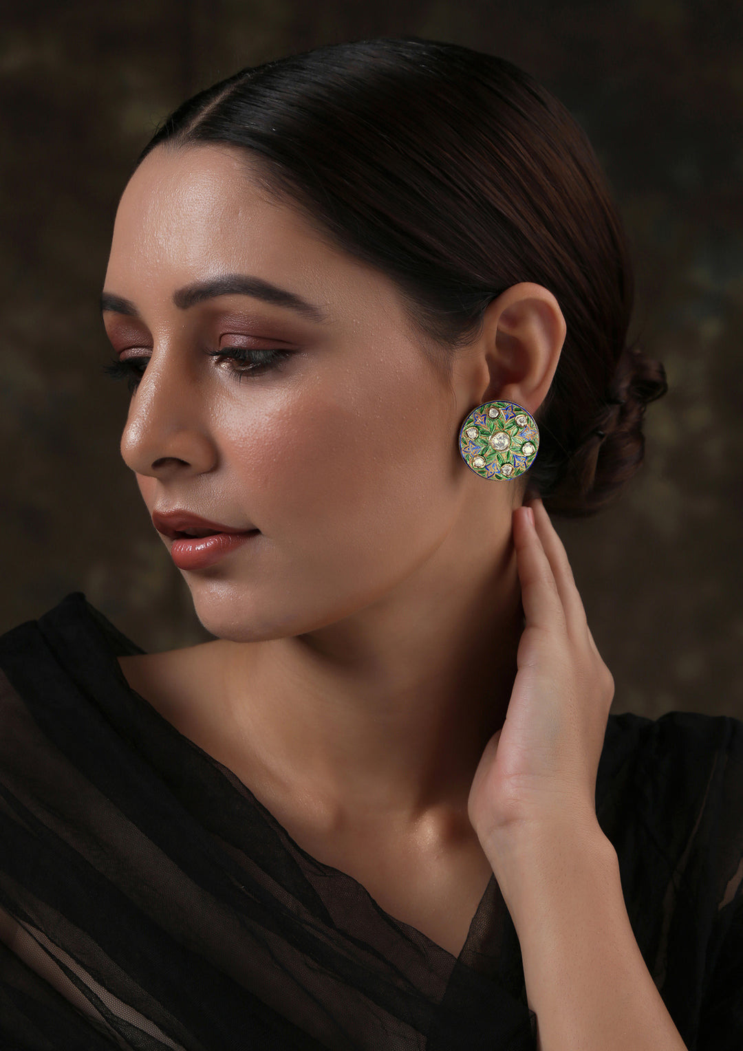 Izra Sterling Silver Semi-Moissanite Blue And Green Meenakari Shield Studs