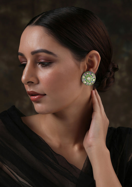 Izra Sterling Silver Semi-Moissanite Blue And Green Meenakari Shield Studs