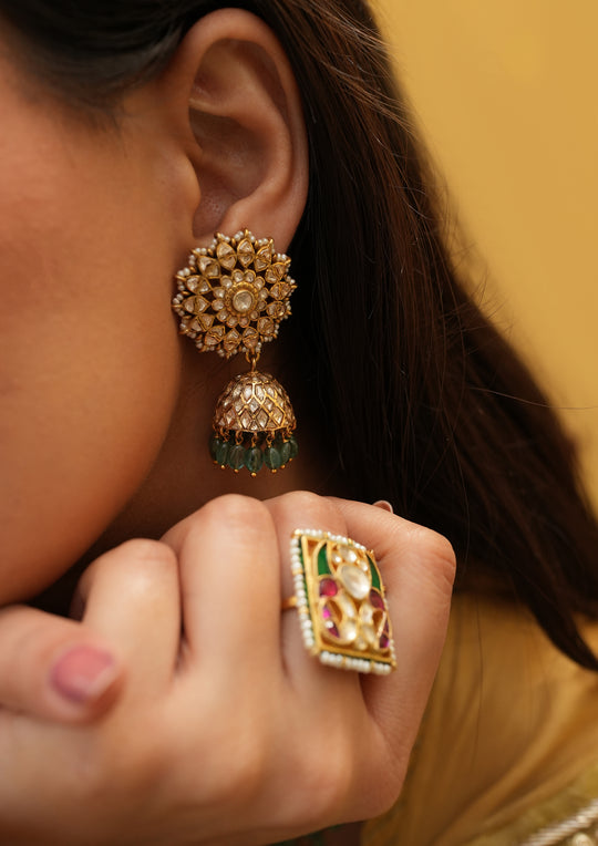 Sterling Silver Nakshatra Semi-Emeralds Jhumkas