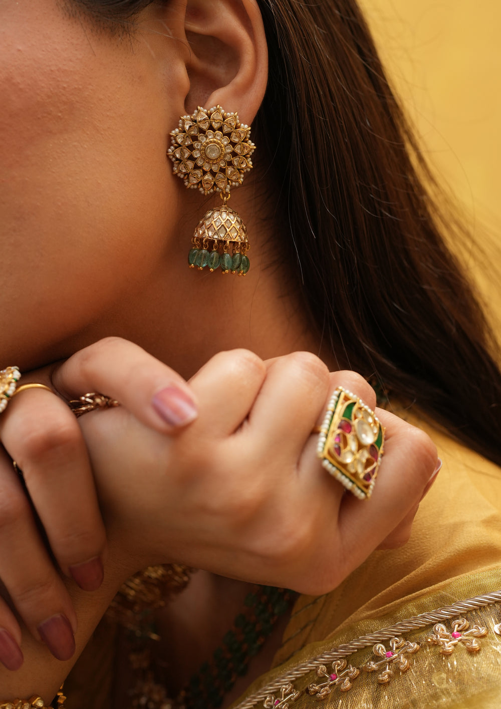 Sterling Silver Nakshatra Semi-Emeralds Jhumkas