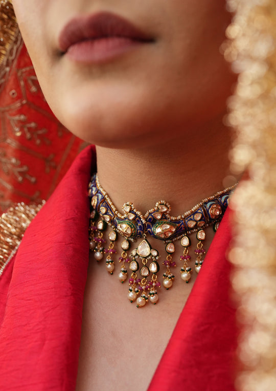 Sterling Silver Pavampankhi Meenakari Choker