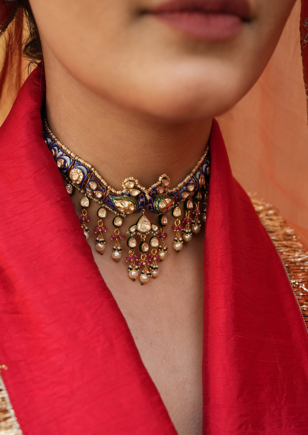 Sterling Silver Pavampankhi Meenakari Choker