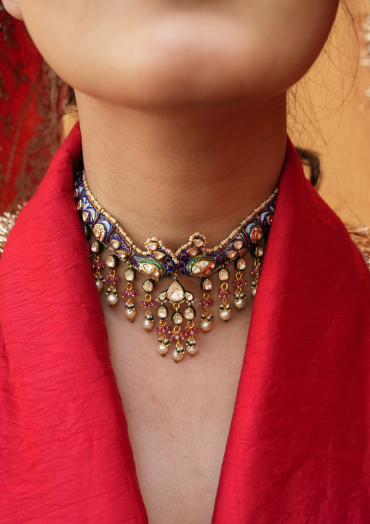 Sterling Silver Pavampankhi Meenakari Choker