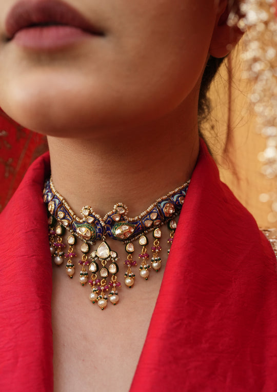 Sterling Silver Pavampankhi Meenakari Choker