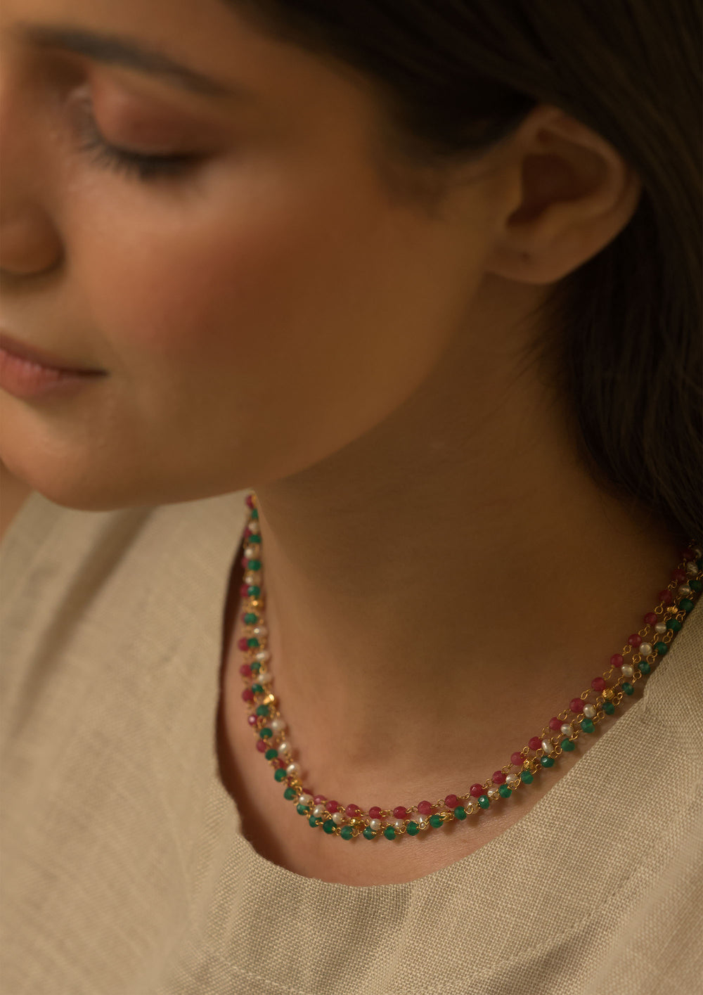 Rangeelo Three Line Multicolored Necklace With Rubies