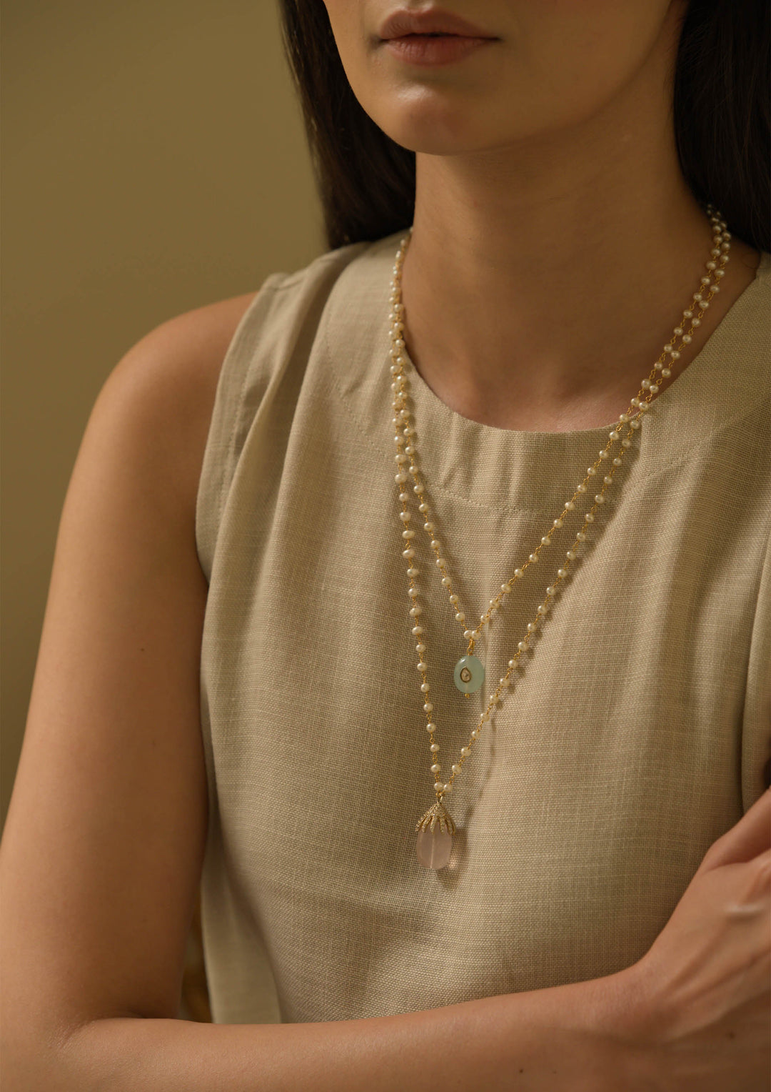 Sterling Silver Rooh Gulab Double Line Pearl Necklace