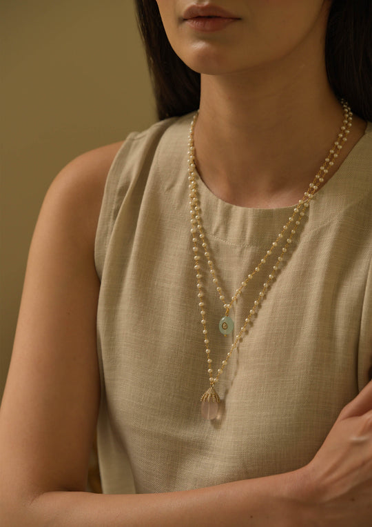 Sterling Silver Rooh Gulab Double Line Pearl Necklace