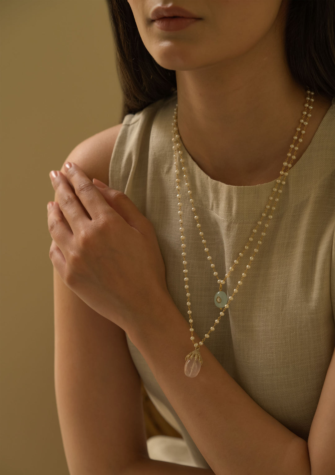 Sterling Silver Rooh Gulab Double Line Pearl Necklace
