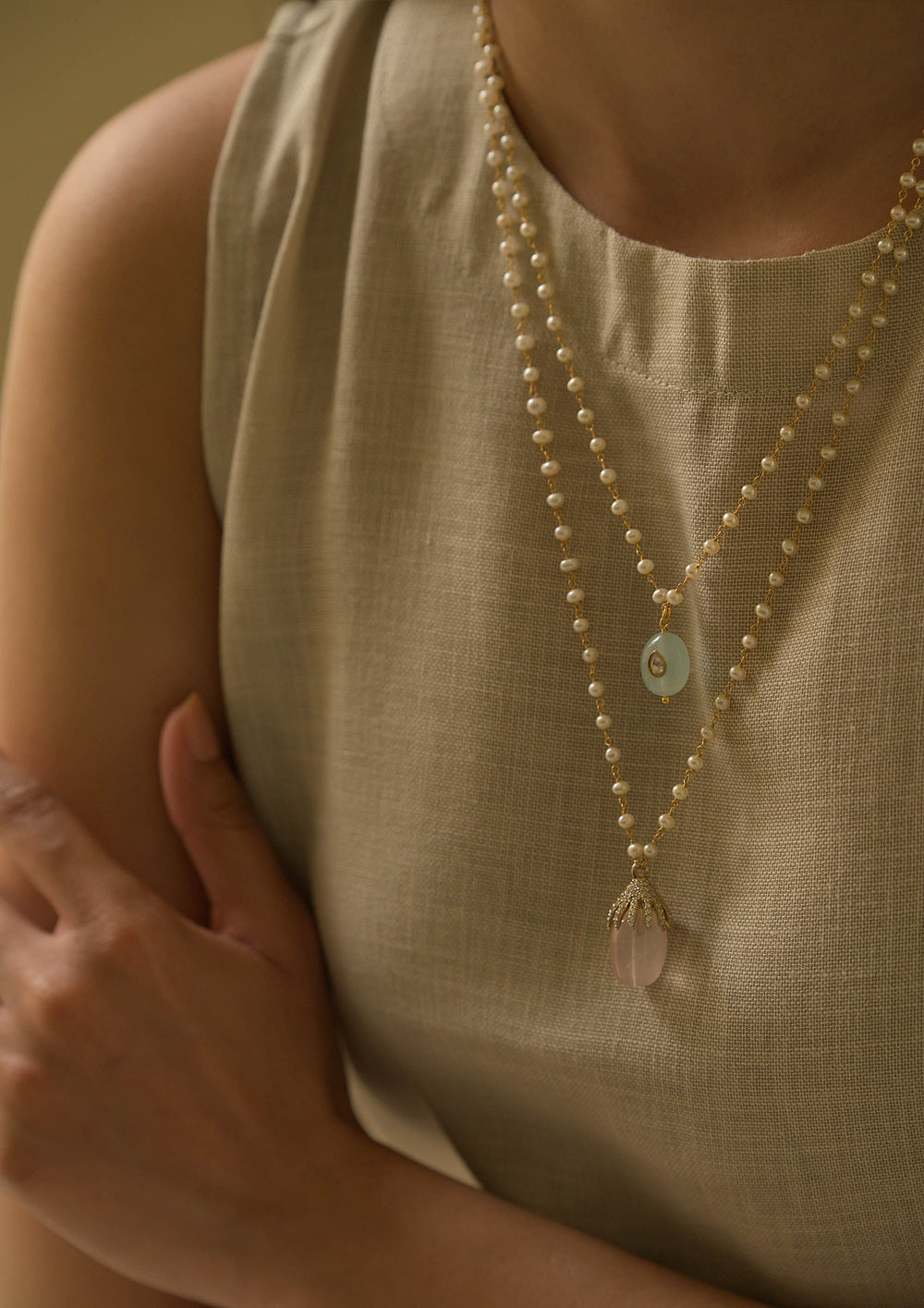 Sterling Silver Rooh Gulab Double Line Pearl Necklace