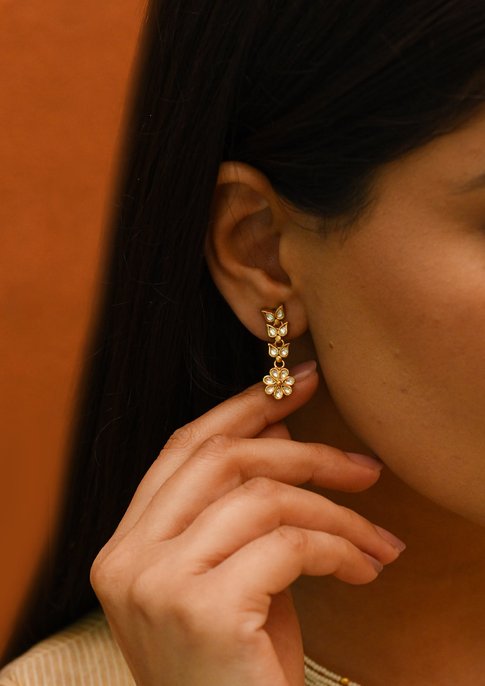 Monochrome Tri Layer Kundan Earrings