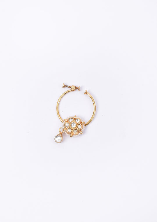 Dopehri Floral Monochrome Clip On Nath With Kundan Drops