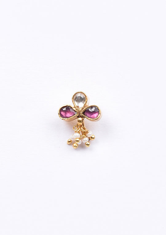 Dopehri Pink-White Club Clip On Nath With Pearl Hangings