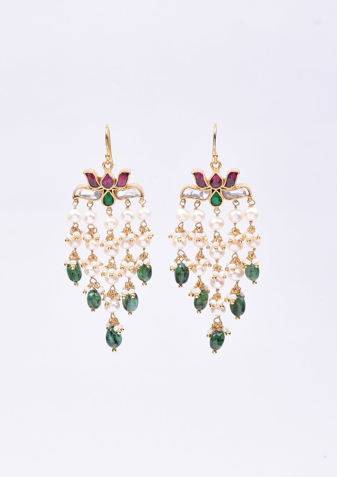 Dopehri Multicolored Fish Hook Lotus Dangler Earrings With Green Drops And Pearls