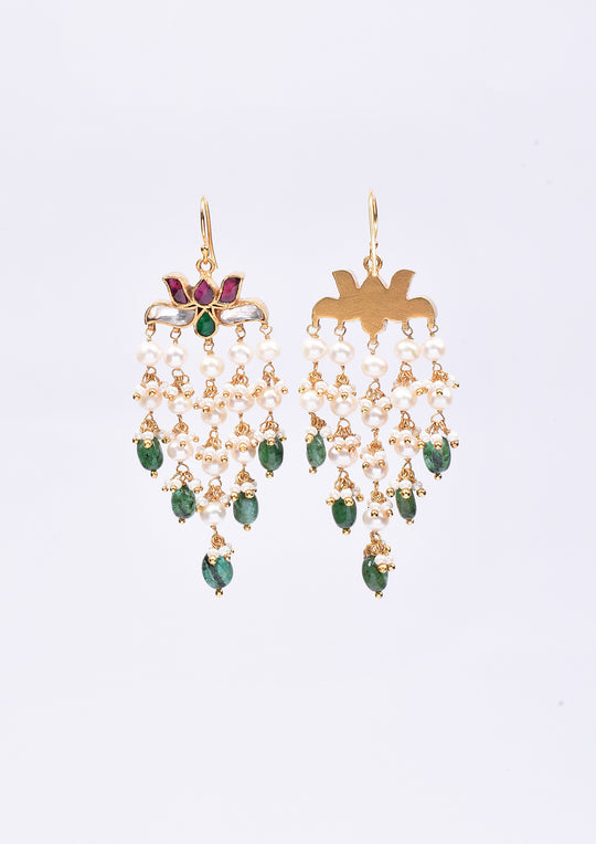 Dopehri Multicolored Fish Hook Lotus Dangler Earrings With Green Drops And Pearls