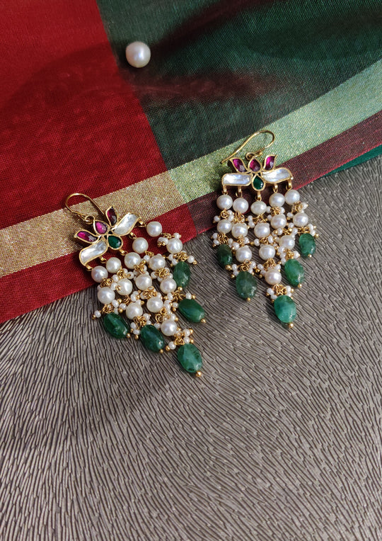 Dopehri Multicolored Fish Hook Lotus Dangler Earrings With Green Drops And Pearls