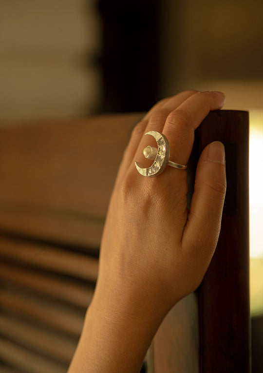 Pearly Crescent Moon Adjustable 'Tukra' Ring